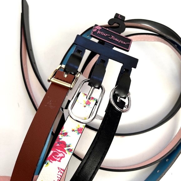 NWT Betsey Johnson 3pc Belt Bundle Black Brown Floral Skinny Belts Large Gifts